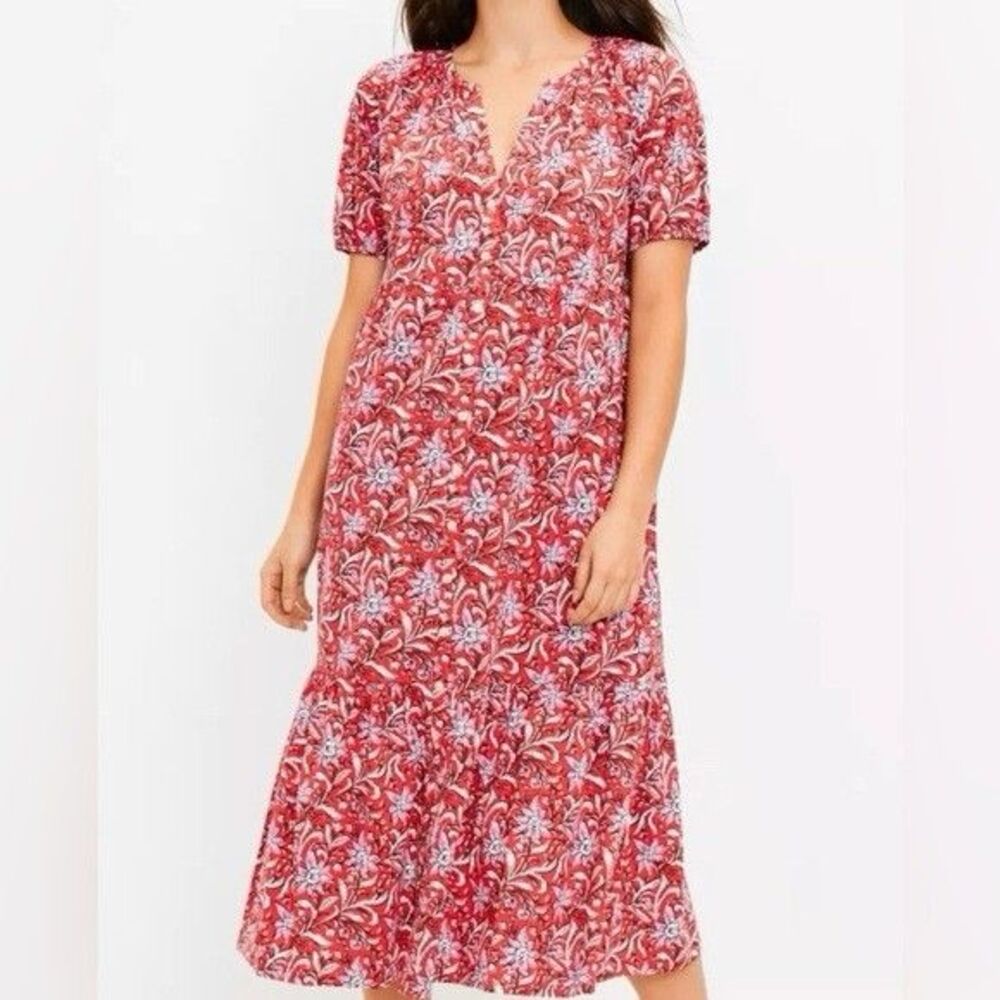 ANN TAYLOR LOFT Red Floral Ruffle Hem Button Midi Shift Dress V Neck Size XS P